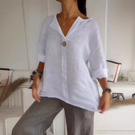 Relaxed V‑Neck Cotton‑Linen Long‑Sleeve Top
