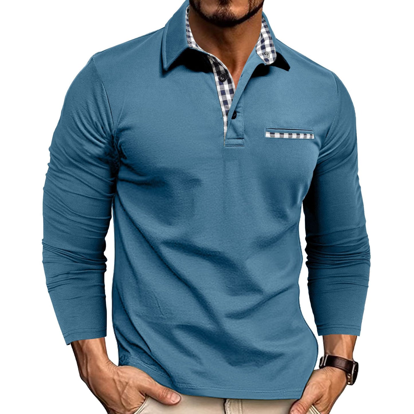 Men's Plaid Trim Long Sleeve Polo Shirt