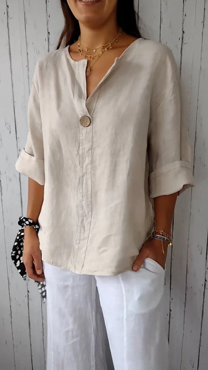 Relaxed V‑Neck Cotton‑Linen Long‑Sleeve Top