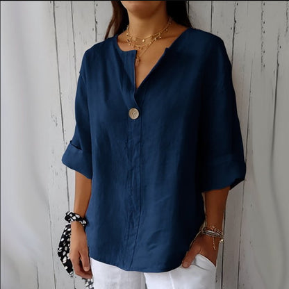 Relaxed V‑Neck Cotton‑Linen Long‑Sleeve Top