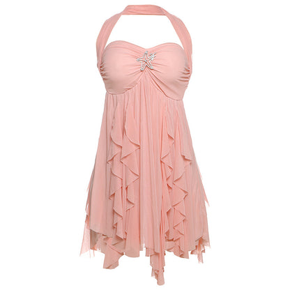 Floral Halter Backless Mesh Mini Dress with Asymmetric Hem