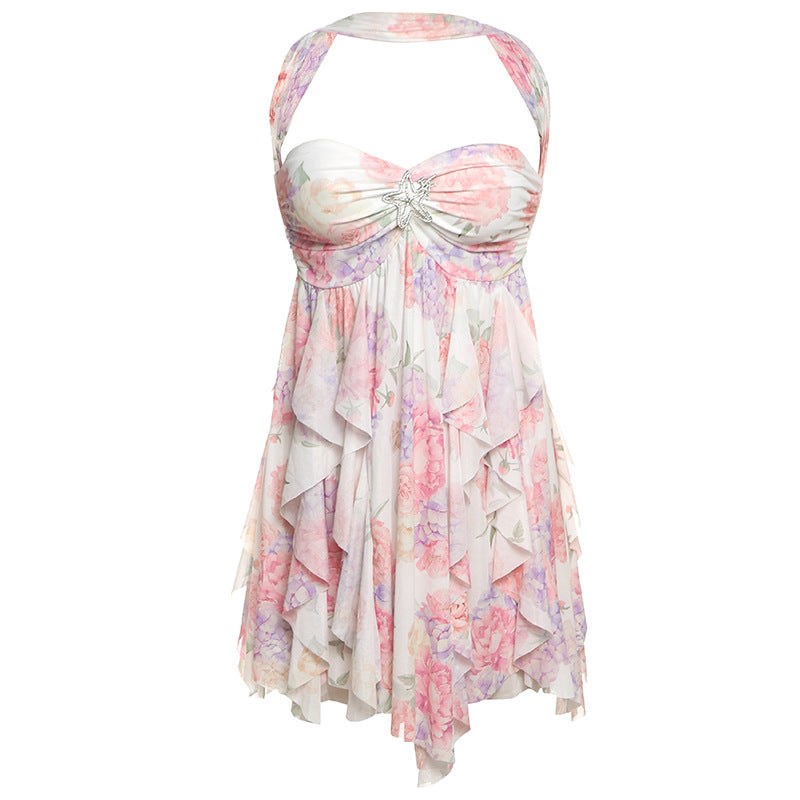Floral Halter Backless Mesh Mini Dress with Asymmetric Hem