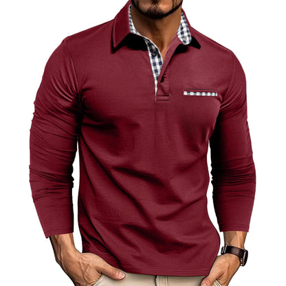 Men's Plaid Trim Long Sleeve Polo Shirt