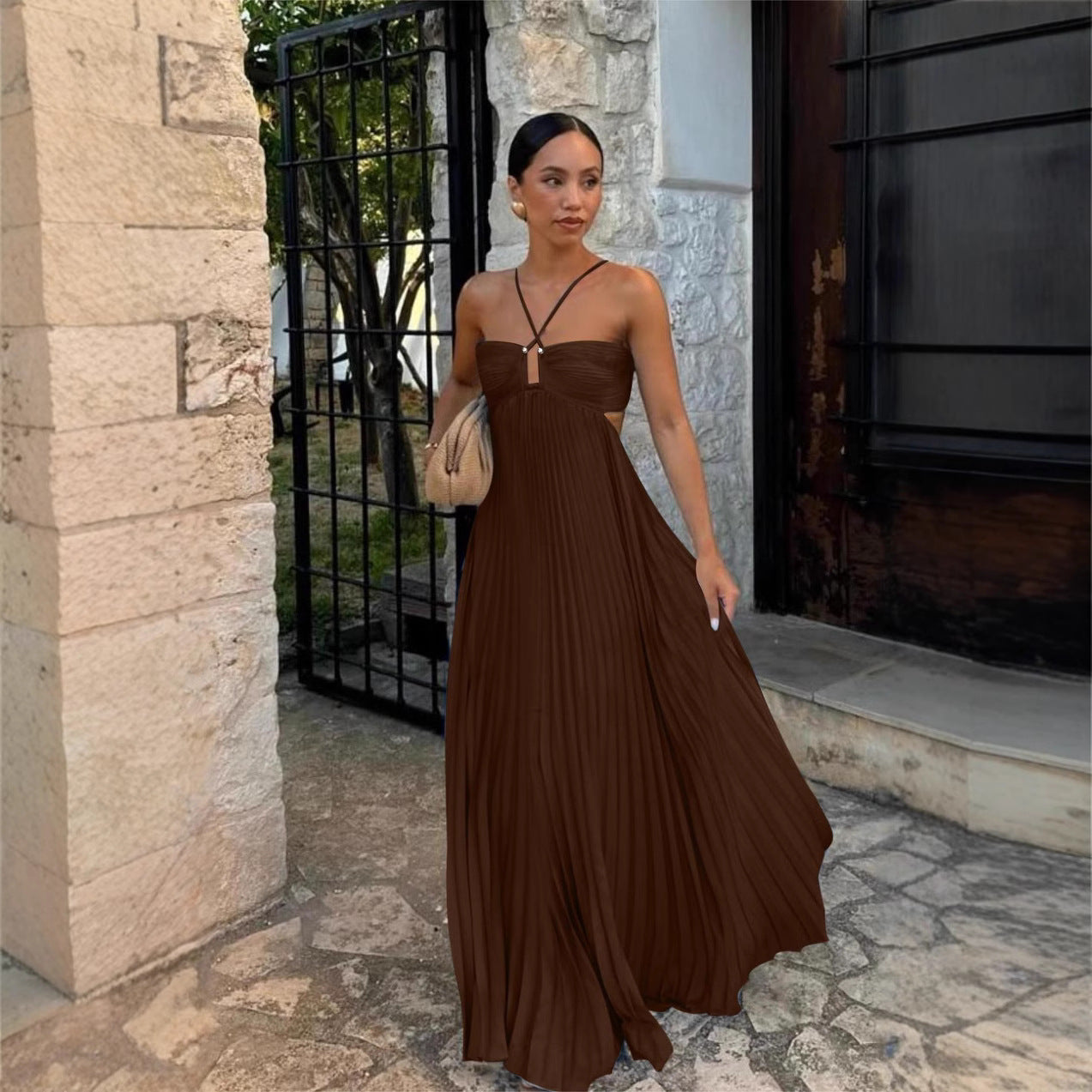 Pleated High‑Waist Halter Dress with Cut‑Out