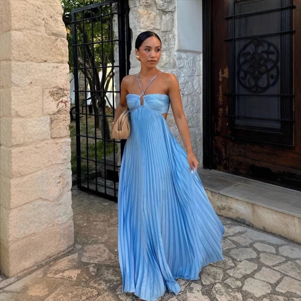 Pleated High‑Waist Halter Dress with Cut‑Out