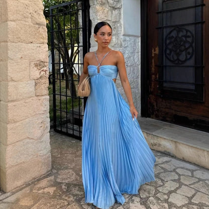Pleated High‑Waist Halter Dress with Cut‑Out