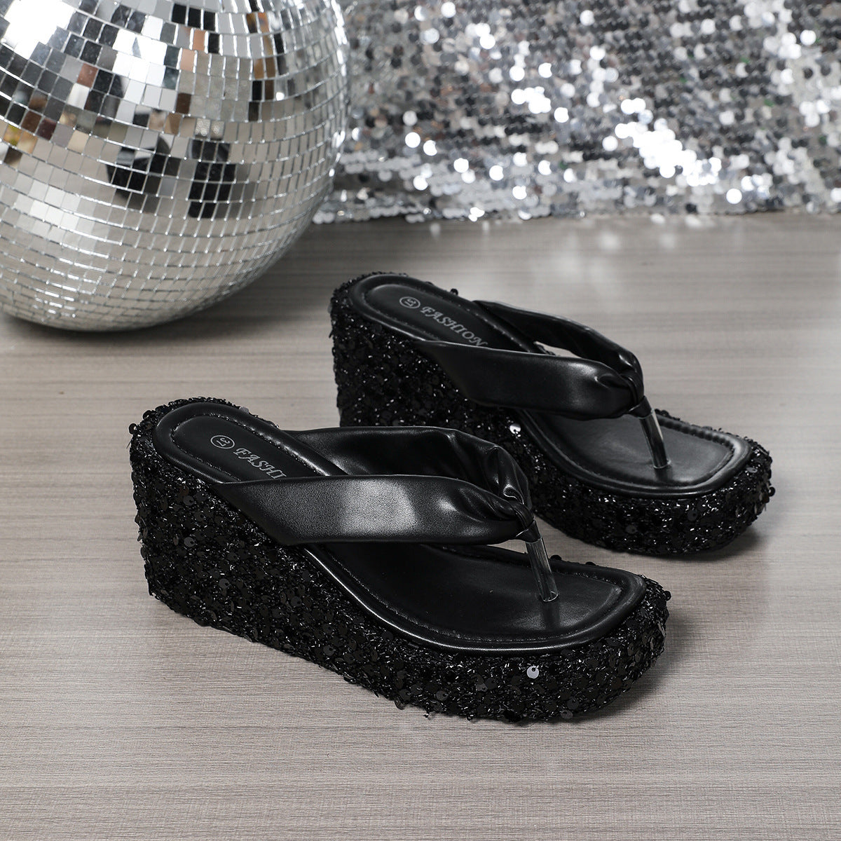 Women's Sequin Wedge Flip Flop Sandals