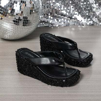 Women's Sequin Wedge Flip Flop Sandals