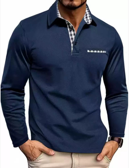 Men's Plaid Trim Long Sleeve Polo Shirt