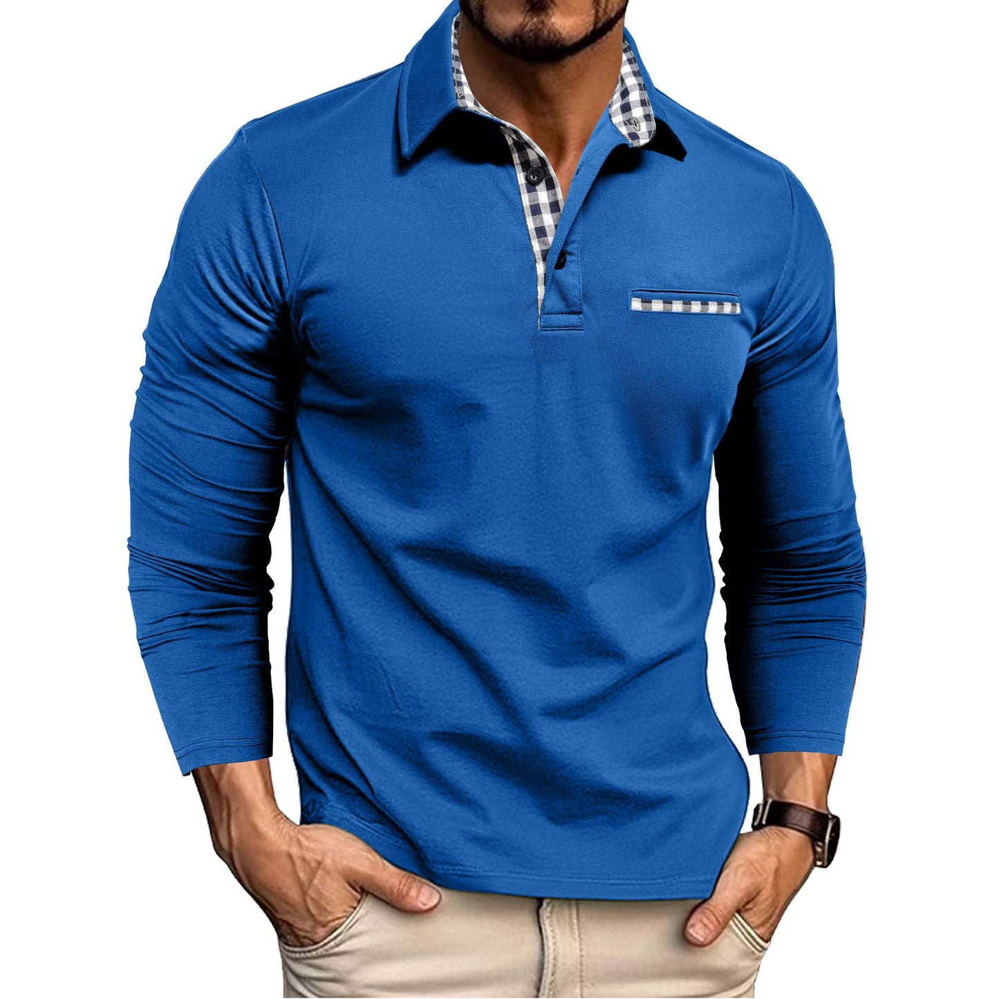 Men's Plaid Trim Long Sleeve Polo Shirt