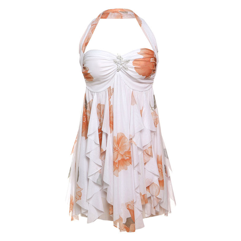 Floral Halter Backless Mesh Mini Dress with Asymmetric Hem
