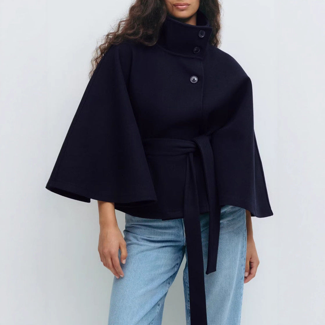 Women's High Neck Belted Cape Coat