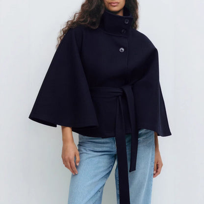 Women's High Neck Belted Cape Coat
