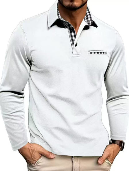 Men's Plaid Trim Long Sleeve Polo Shirt