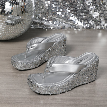 Women's Sequin Wedge Flip Flop Sandals