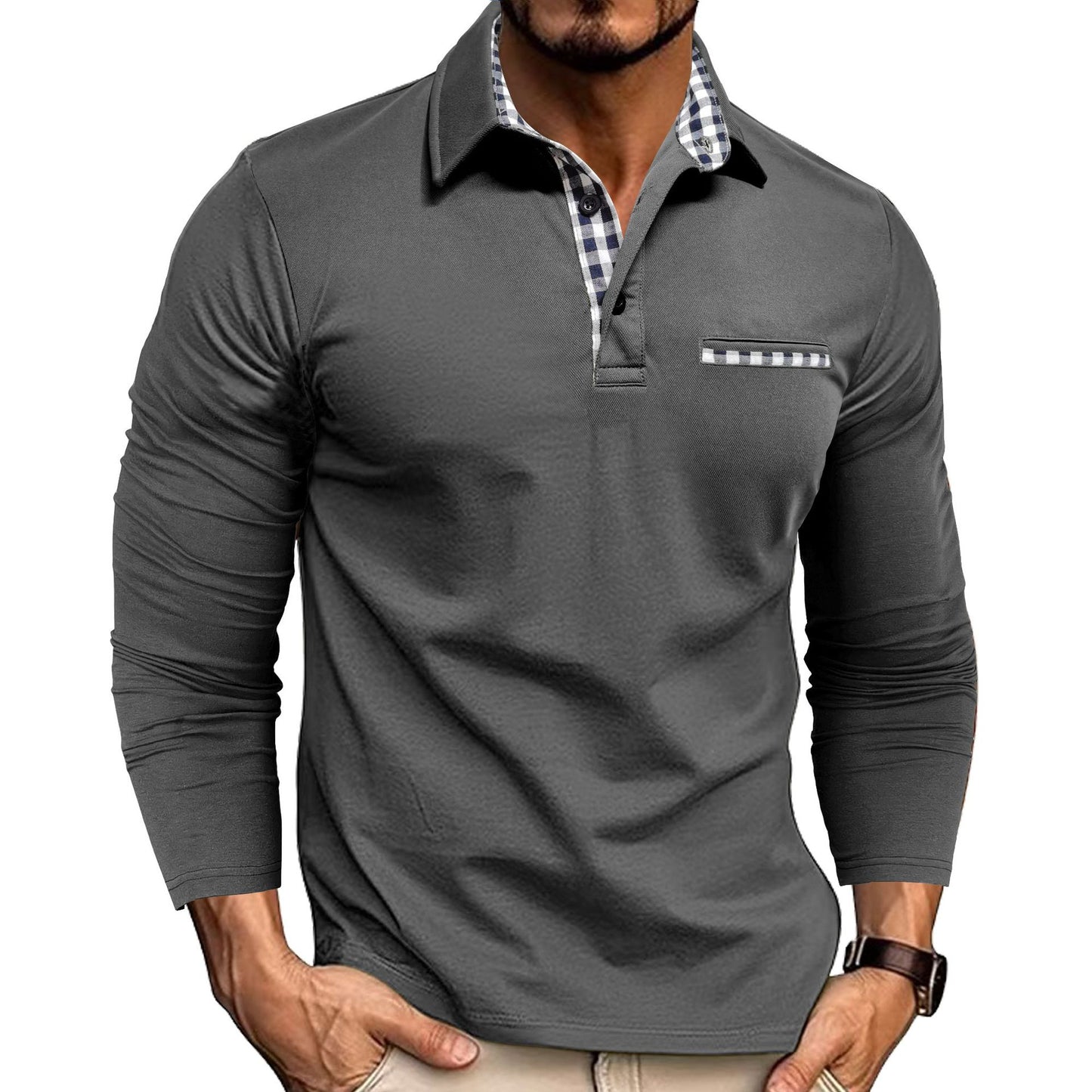 Men's Plaid Trim Long Sleeve Polo Shirt