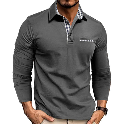 Men's Plaid Trim Long Sleeve Polo Shirt