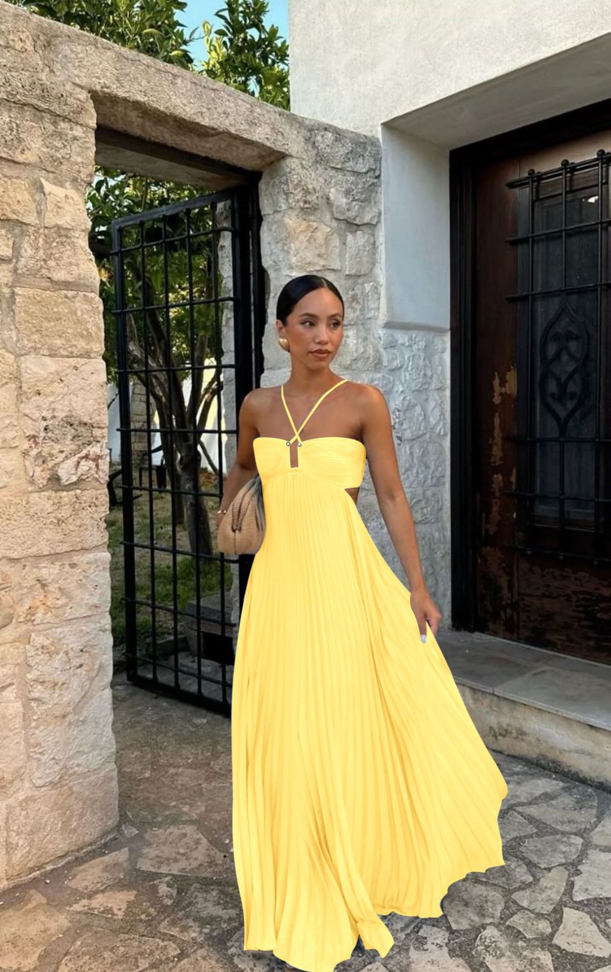 Pleated High‑Waist Halter Dress with Cut‑Out