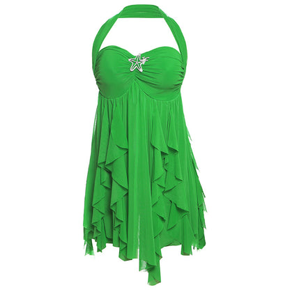 Floral Halter Backless Mesh Mini Dress with Asymmetric Hem