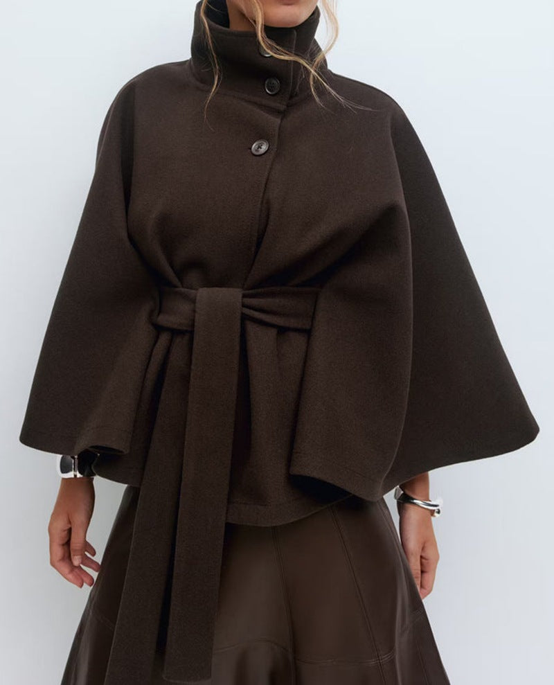 Women's High Neck Belted Cape Coat