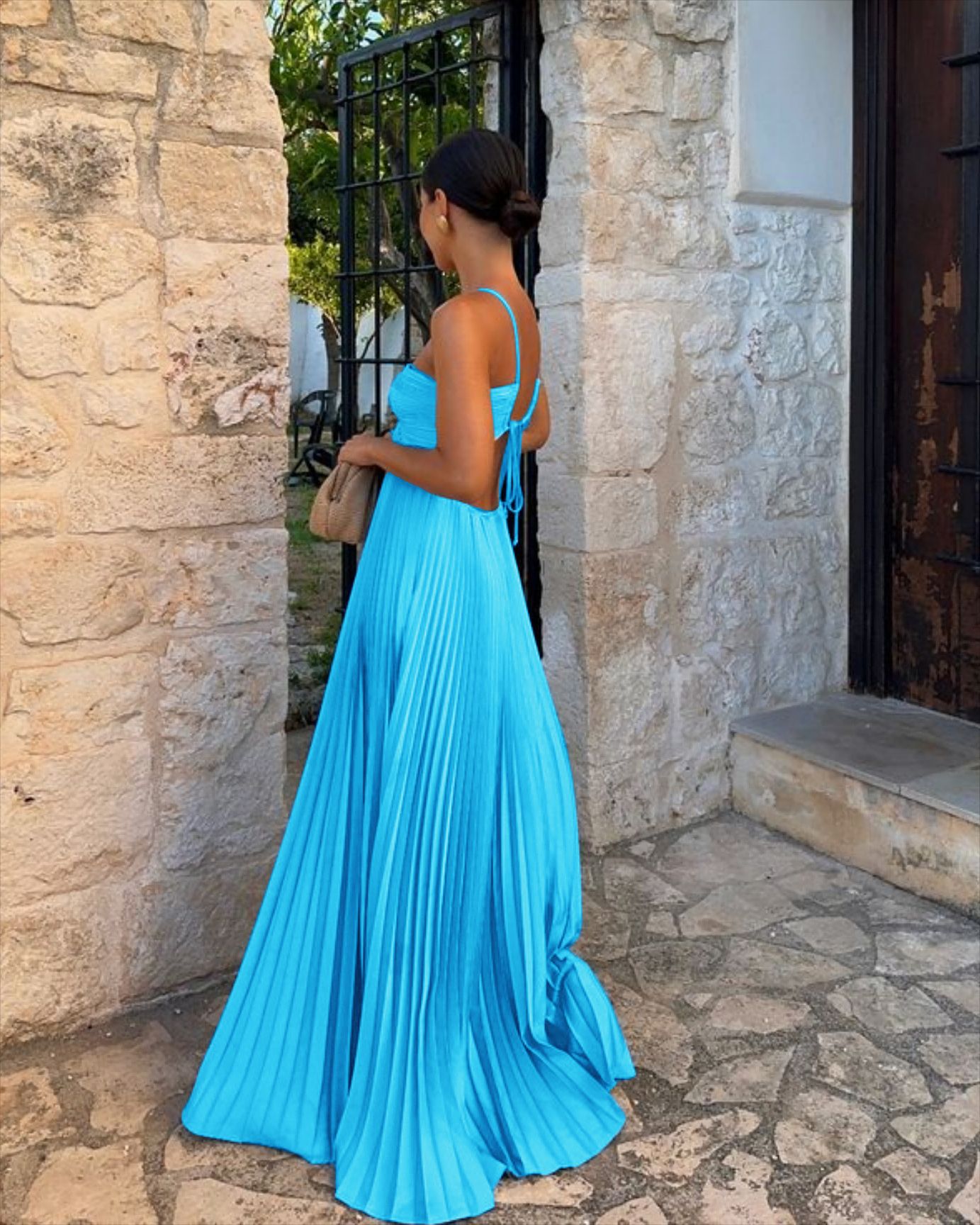 Pleated High‑Waist Halter Dress with Cut‑Out