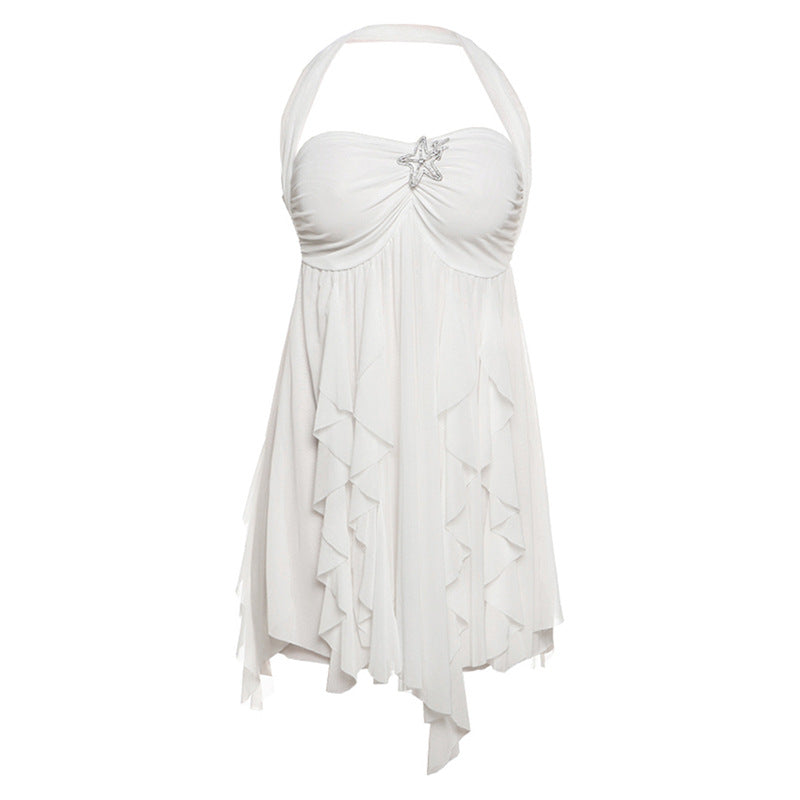 Floral Halter Backless Mesh Mini Dress with Asymmetric Hem