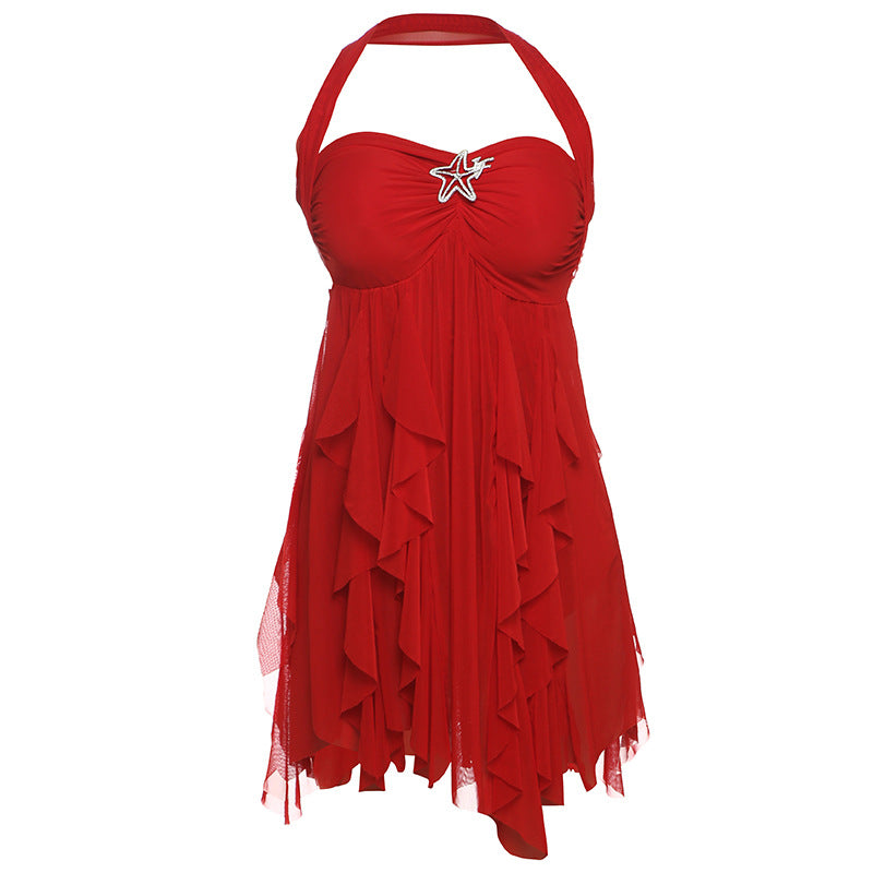 Floral Halter Backless Mesh Mini Dress with Asymmetric Hem