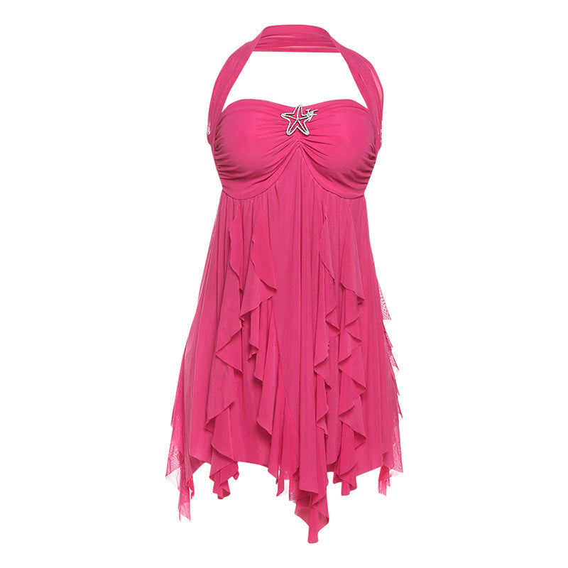 Floral Halter Backless Mesh Mini Dress with Asymmetric Hem