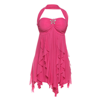 Floral Halter Backless Mesh Mini Dress with Asymmetric Hem