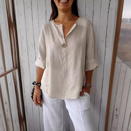Relaxed V‑Neck Cotton‑Linen Long‑Sleeve Top