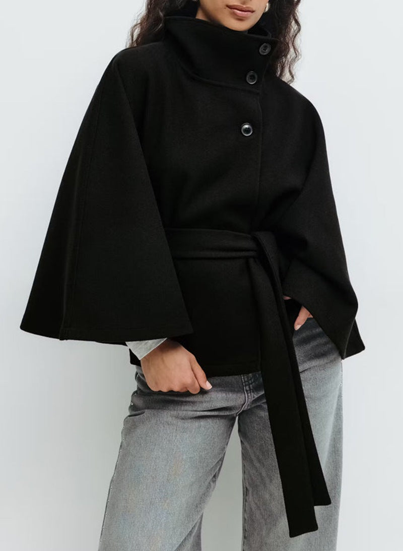 Women's High Neck Belted Cape Coat