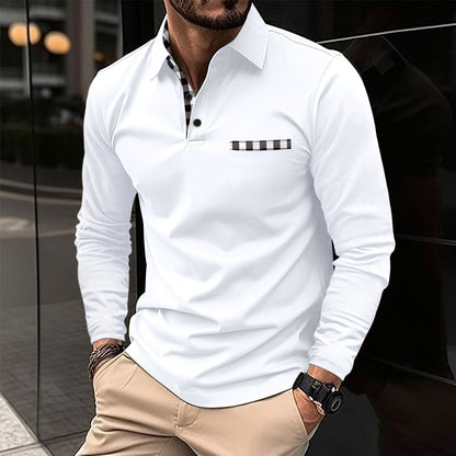 Men's Plaid Trim Long Sleeve Polo Shirt