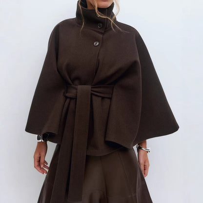 Women's High Neck Belted Cape Coat