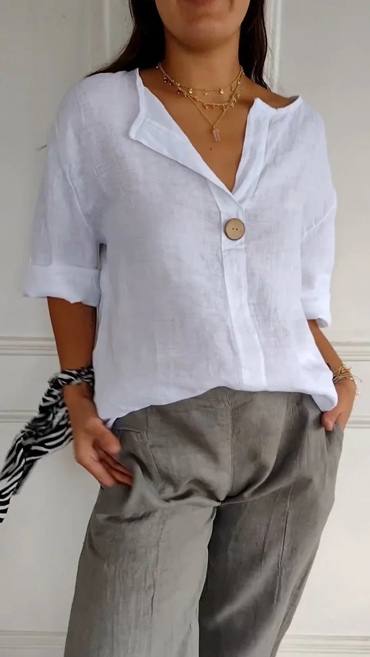 Relaxed V‑Neck Cotton‑Linen Long‑Sleeve Top