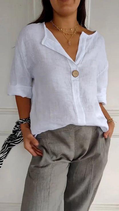 Relaxed V‑Neck Cotton‑Linen Long‑Sleeve Top