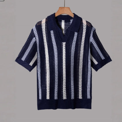 Summer New Breathable Hollow Men Short-sleeved Knitting Polo Shirt