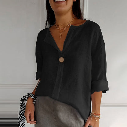 Relaxed V‑Neck Cotton‑Linen Long‑Sleeve Top
