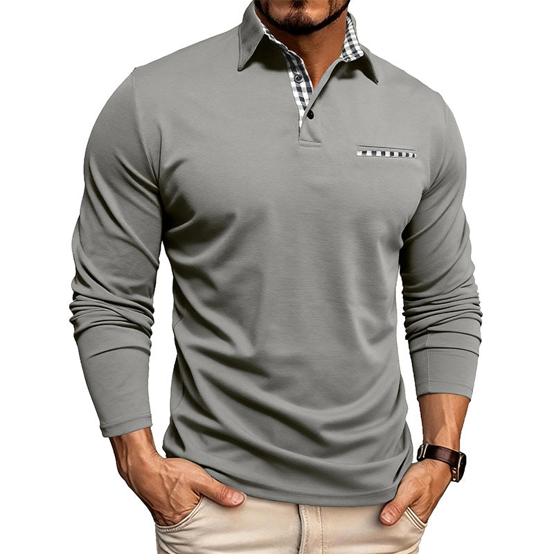 Men's Plaid Trim Long Sleeve Polo Shirt