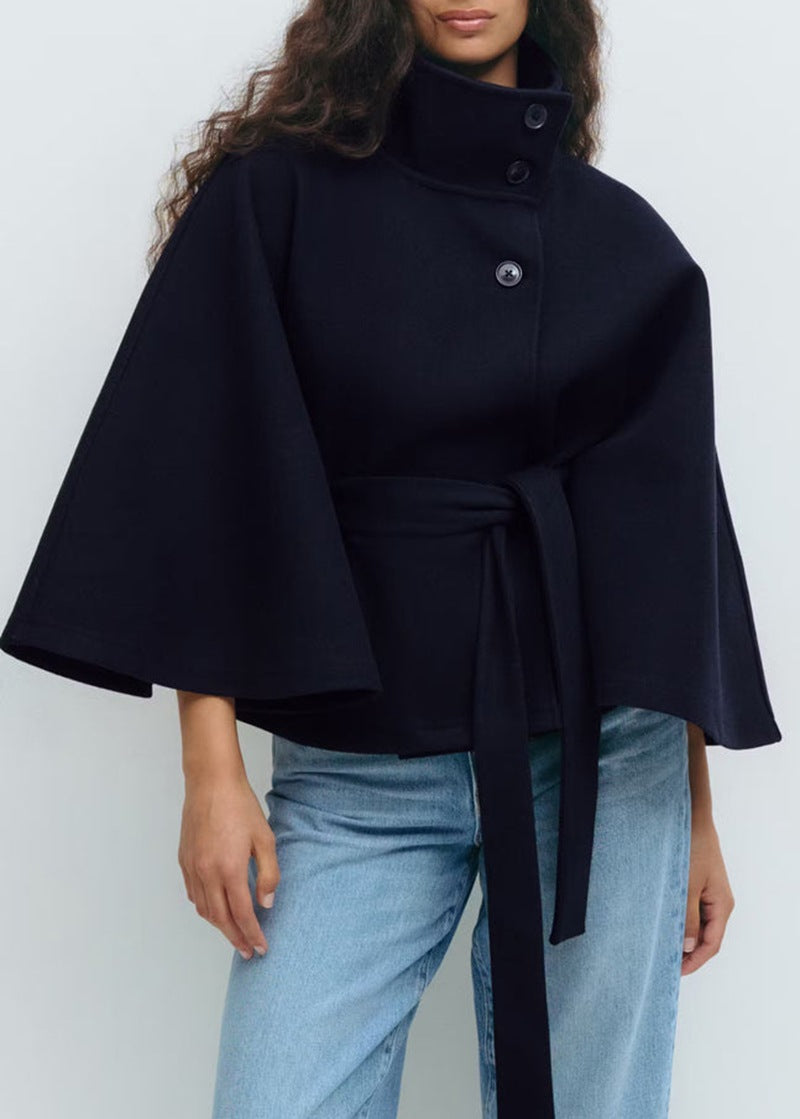 Women's High Neck Belted Cape Coat