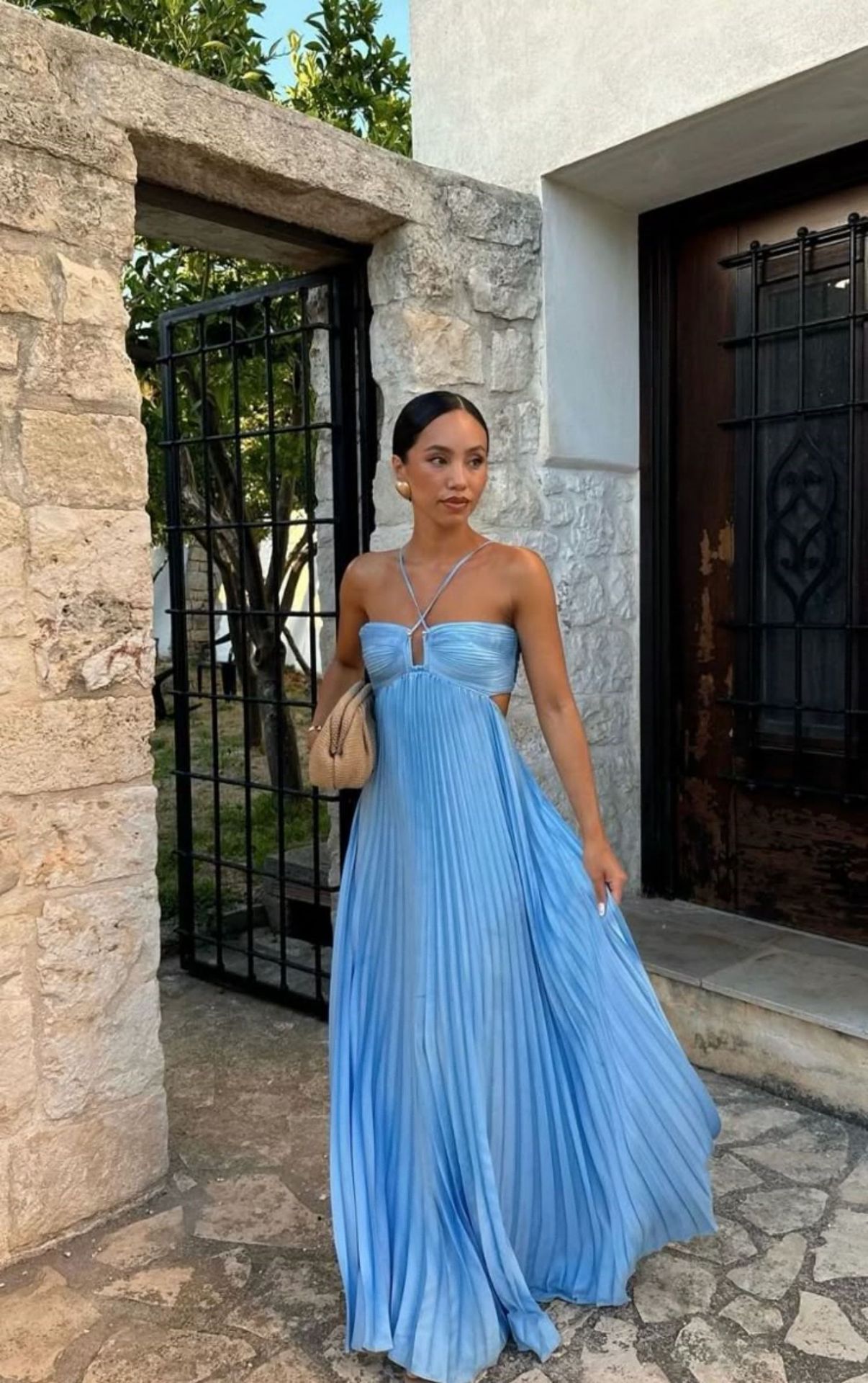 Pleated High‑Waist Halter Dress with Cut‑Out