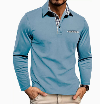 Men's Plaid Trim Long Sleeve Polo Shirt