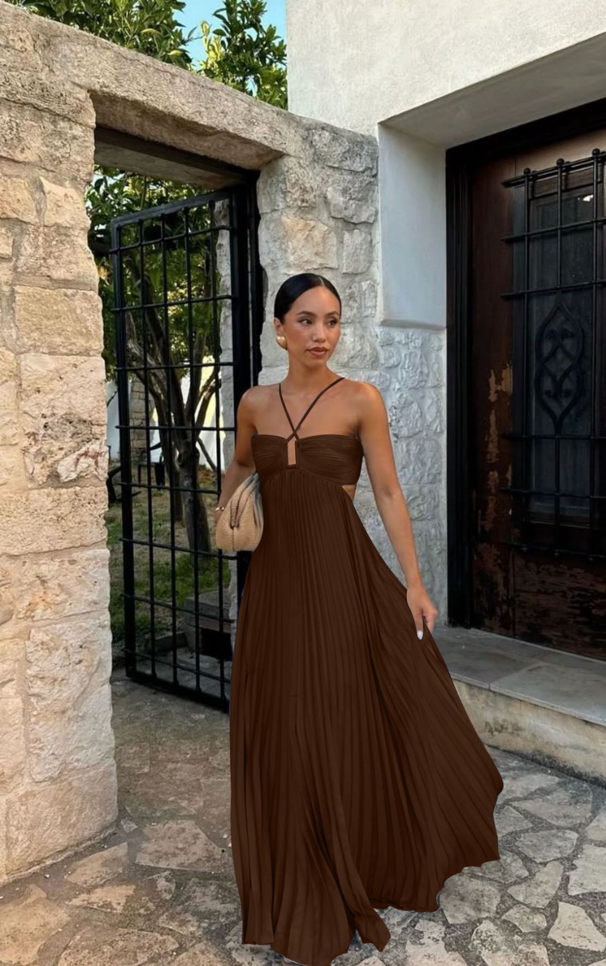 Pleated High‑Waist Halter Dress with Cut‑Out