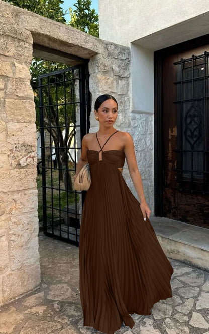 Pleated High‑Waist Halter Dress with Cut‑Out