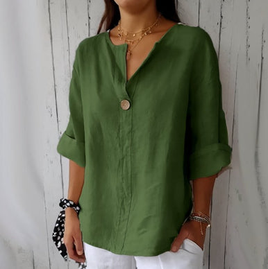 Relaxed V‑Neck Cotton‑Linen Long‑Sleeve Top