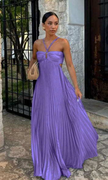 Pleated High‑Waist Halter Dress with Cut‑Out