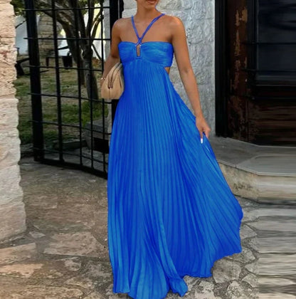 Pleated High‑Waist Halter Dress with Cut‑Out