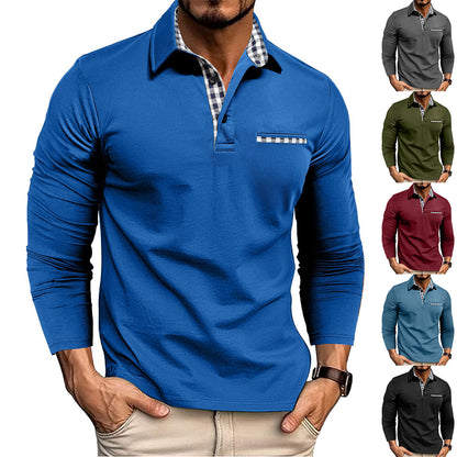 Men's Plaid Trim Long Sleeve Polo Shirt