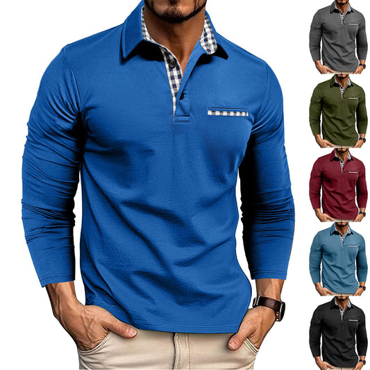 Men's Plaid Trim Long Sleeve Polo Shirt