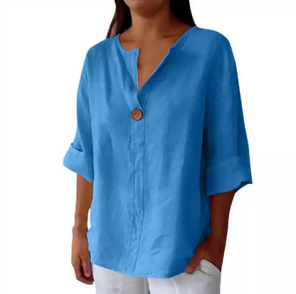 Relaxed V‑Neck Cotton‑Linen Long‑Sleeve Top