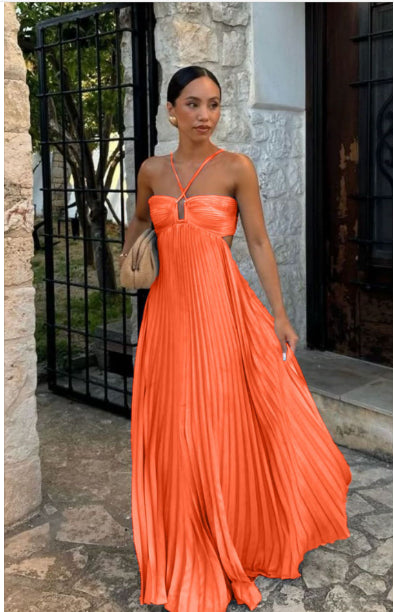 Pleated High‑Waist Halter Dress with Cut‑Out